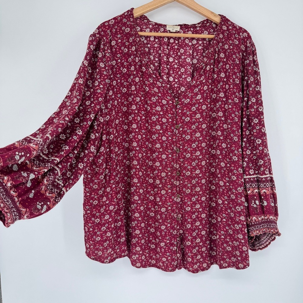 Mason & Belle Blouse 2X Red Floral Button Front Boho Cottagecore Peasant Top - Picture 2 of 14
